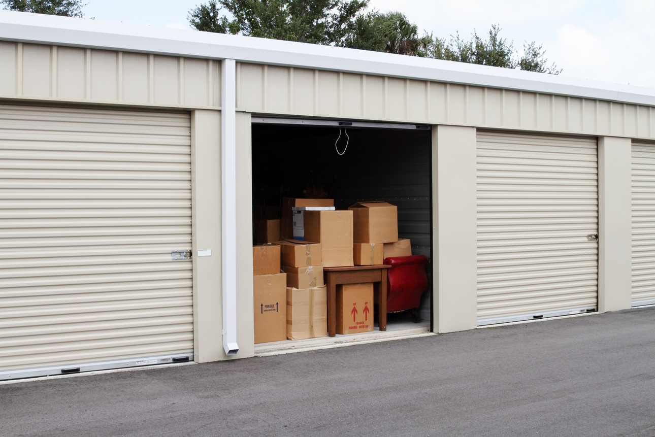 Self storage warehouse with single storage unit open to