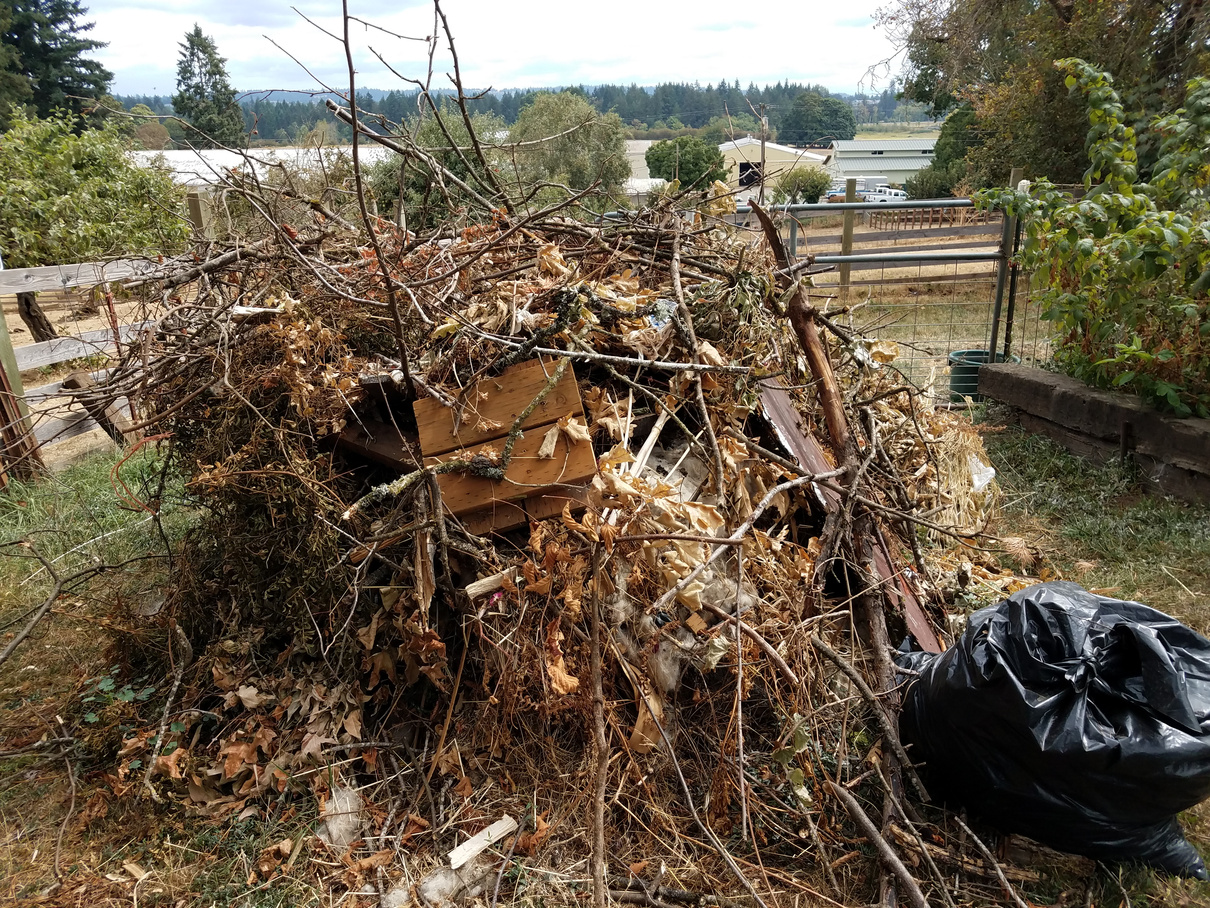 refuse and trash compost pile with black plastic bag